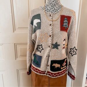 Vintage Hand Embroidered Christmas Cardigan Sweater SZ M